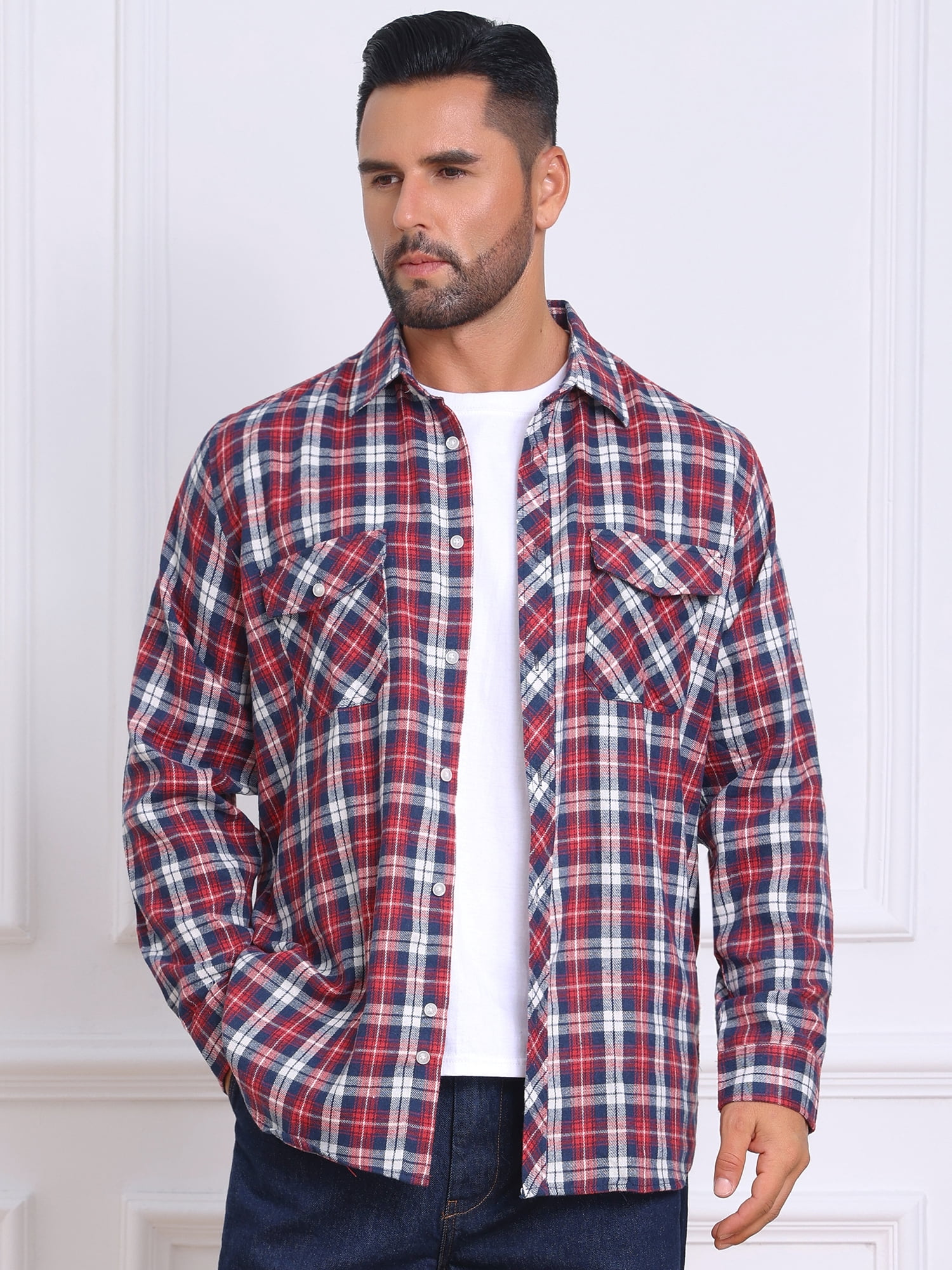 DARING DIVA Men's Contrast Color Slim Fit Long Sleeved Button Down Shirts S Red Navy