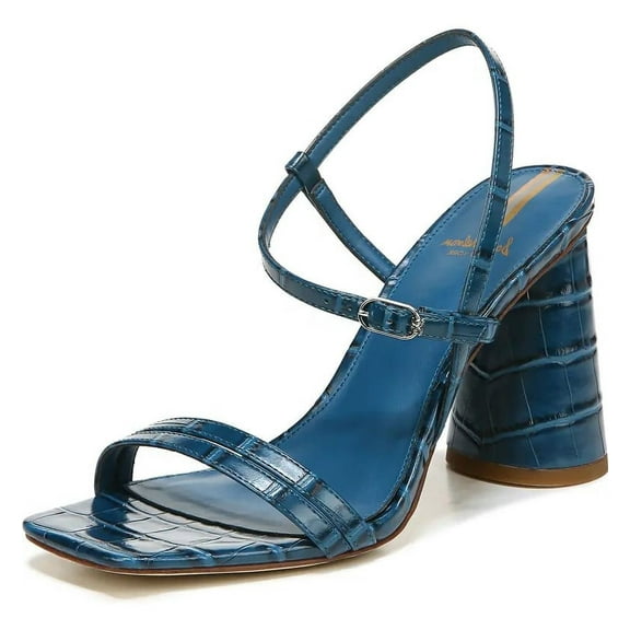 Sam Edelman Kit Indigo Croco Open Squared Toe Dress Ankle Strap Heeled Sandals (Indigo, 7)
