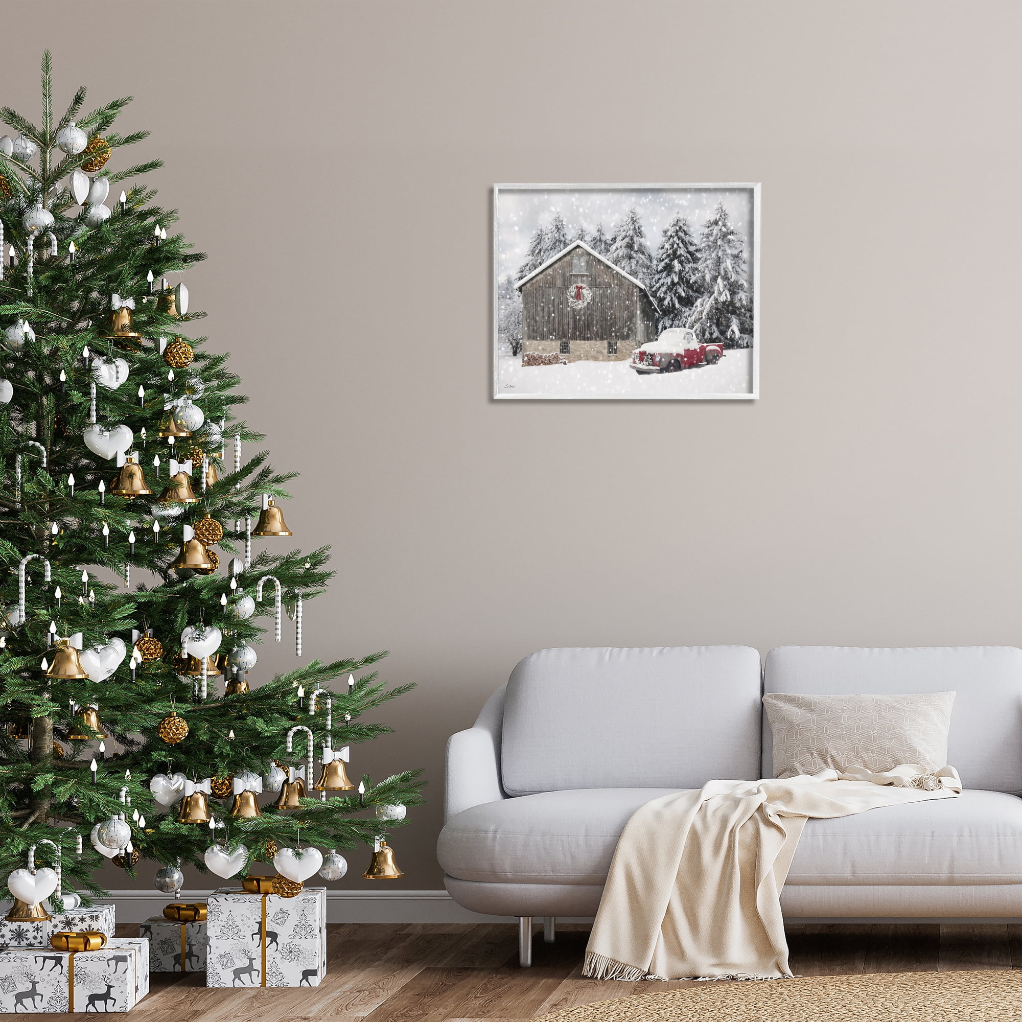 Stupell Industries Snow Covered Farm Scene Holiday Painting White Framed Art Prints Wall Art, 30 x 24