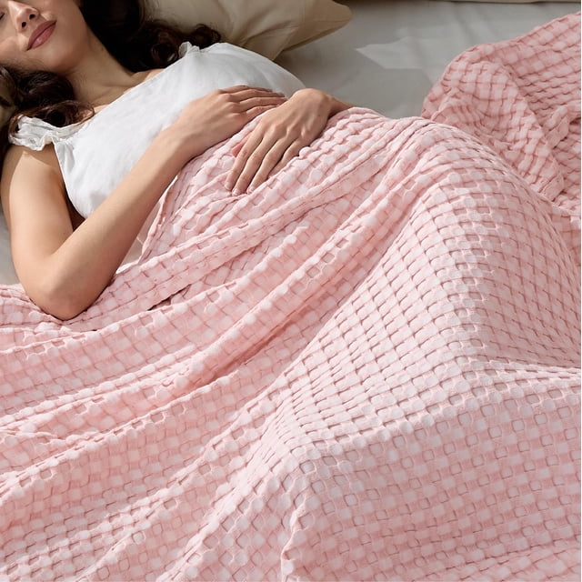 Manta Bedsure de algodón refrescante con forma de gofre, tamaño queen, color rosa primaveral