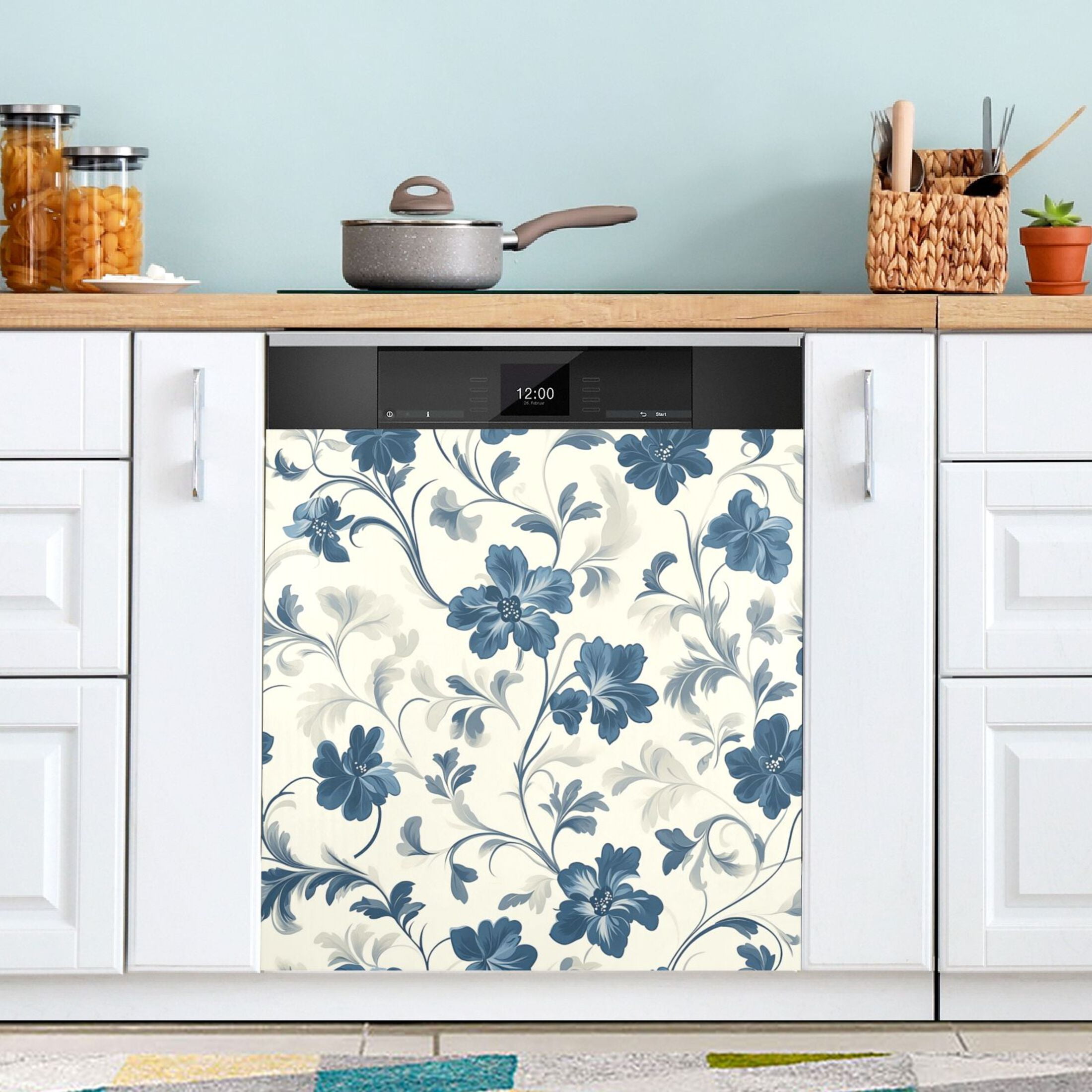 Dishwasher Magnetic Sticker 23x26 Inch Refrigerator Magnetic Sticker Washing Machine Magnetic Sticker Kitchen Panel Magnetic Sticker Home Decor Cool Cartoon Blue Flowers