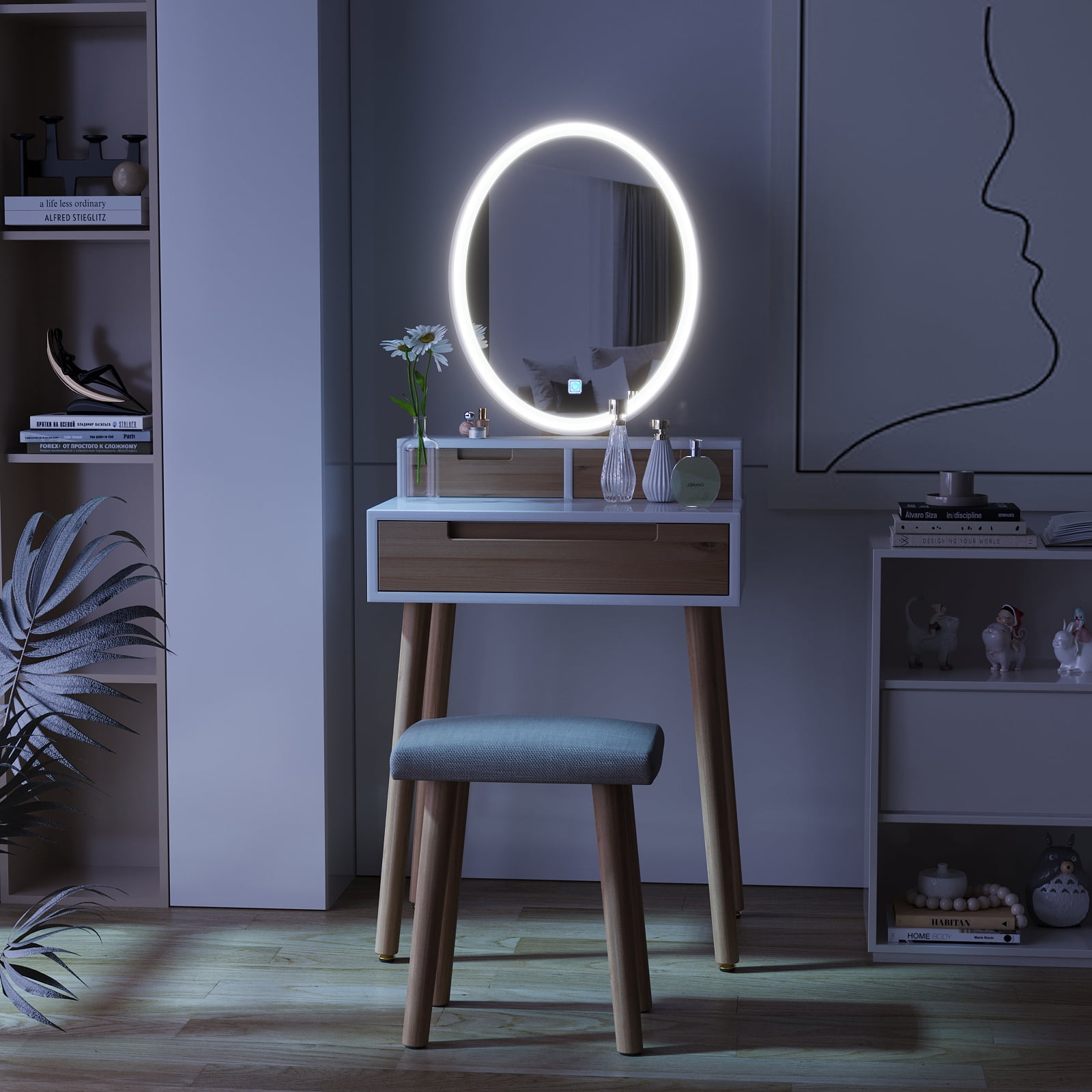 ELECWISH 24'' Small Makeup Vanity With Adjustable Brightness Mirror, Vanity Desk with Storage Drawers and Cushioned Stool