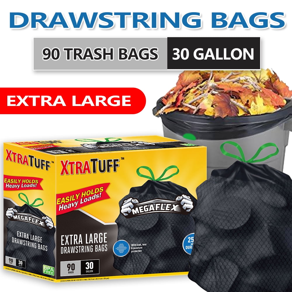 Xtratuff MegaFlex 30 Gallon Kitchen Drawstring Trash Bags – 90 Count, Black, Unscented, Heavy Duty with Leak & Tear Protection