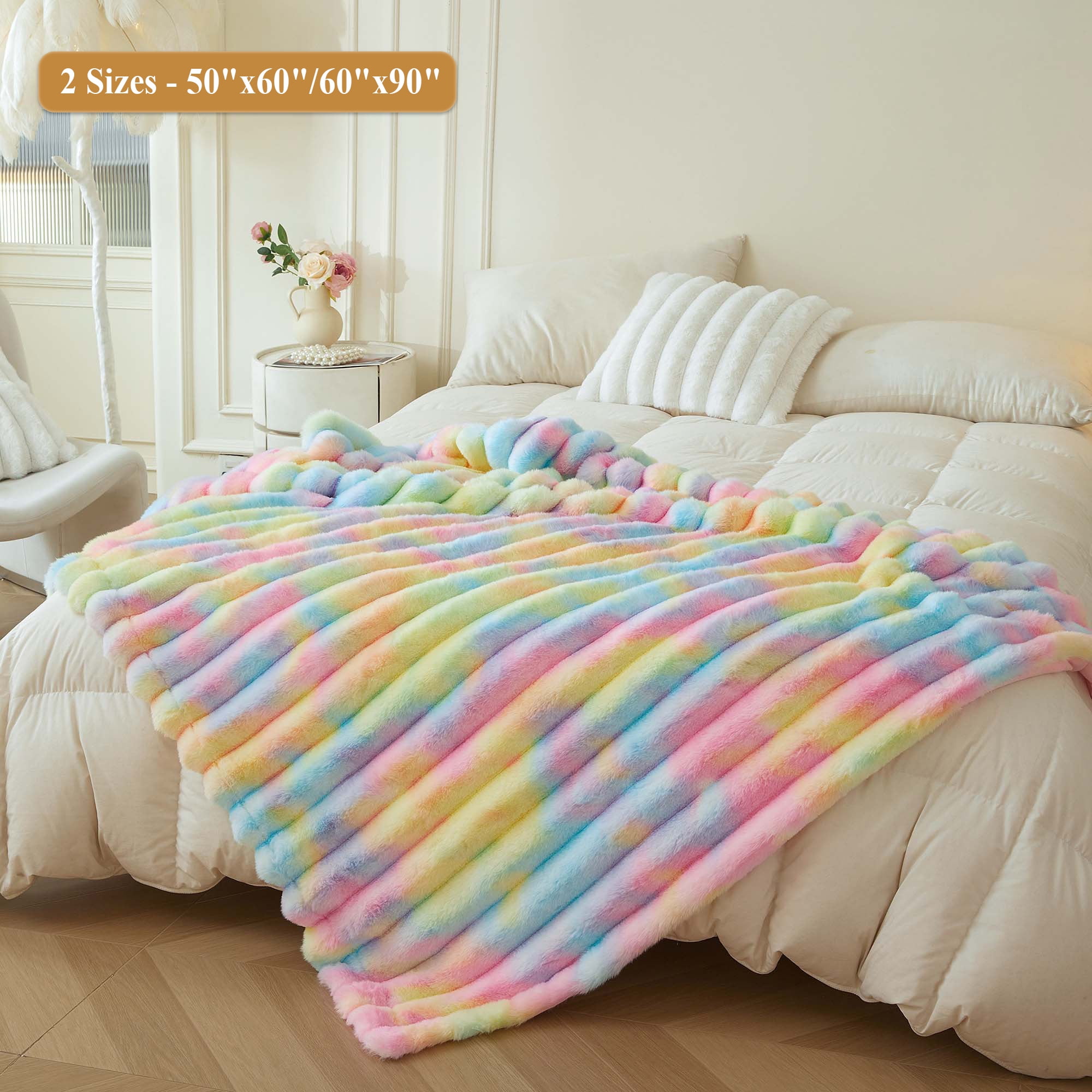 XeGe Fluffy Faux Rabbit Fur Throw, Cozy Ribbed Stripe Plush Fuzzy Blanket for Bed Couch Sofa Chair, Cute Tie Dye Shaggy Throw Bedroom Living Room, Furry Blanket for Kids Girls Teens, 50x60, Rainbow