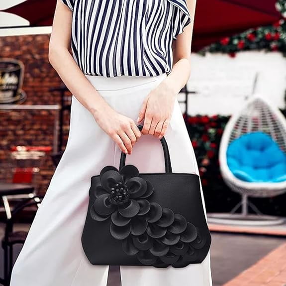 Women's Pu Leather Satchel Handbags 3D Flower Seris Evening Bags Crossbody Tote Purse Bag with Detachable Strap