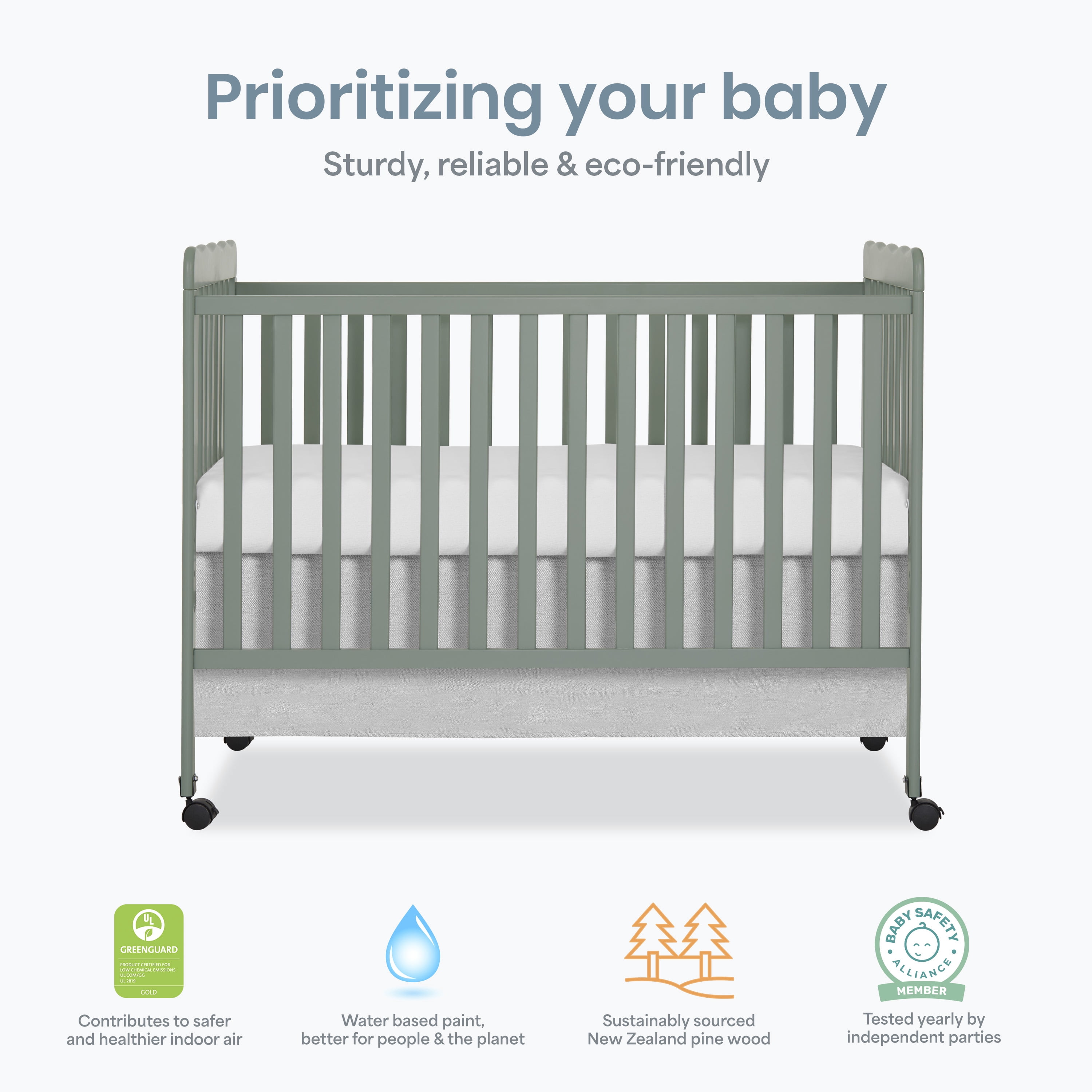 Dream On Me Carson Classic 3-in-1 Portable Crib in Meadow Green, Removable Wheels, Converts from Baby Crib to Toddler Bed, Day Bed and Kids Sofa, Three Adjustable Mattress Height Positions
