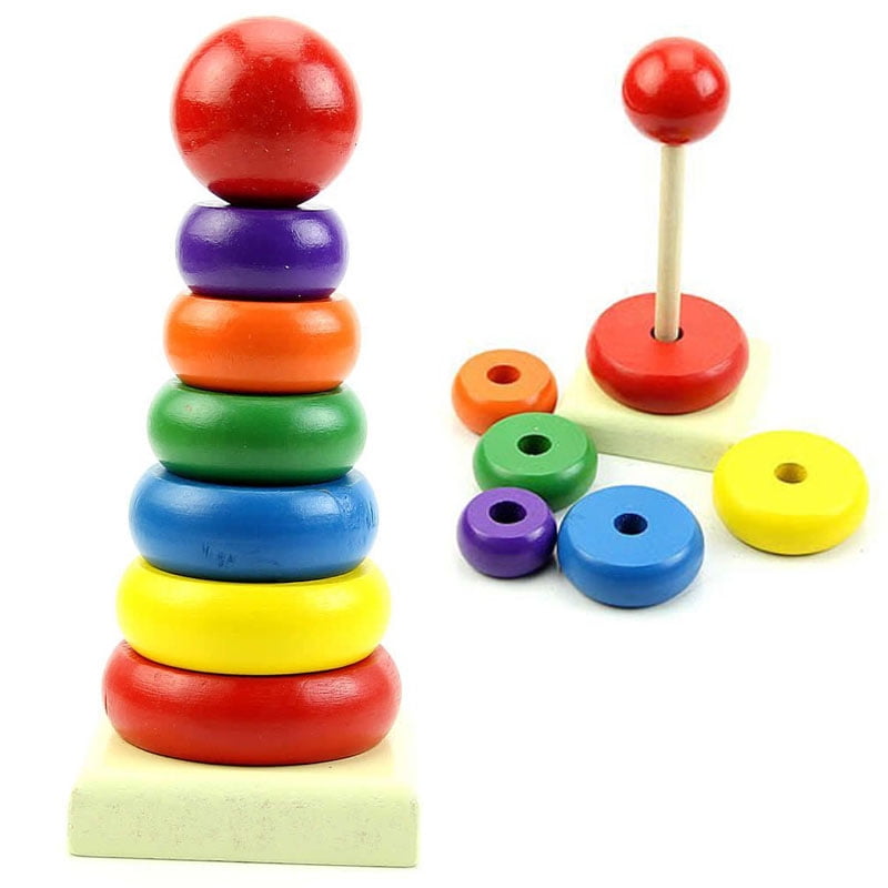 Wooden Toy Tower Stacking Rainbow Puzzle Rings 5 Tower 