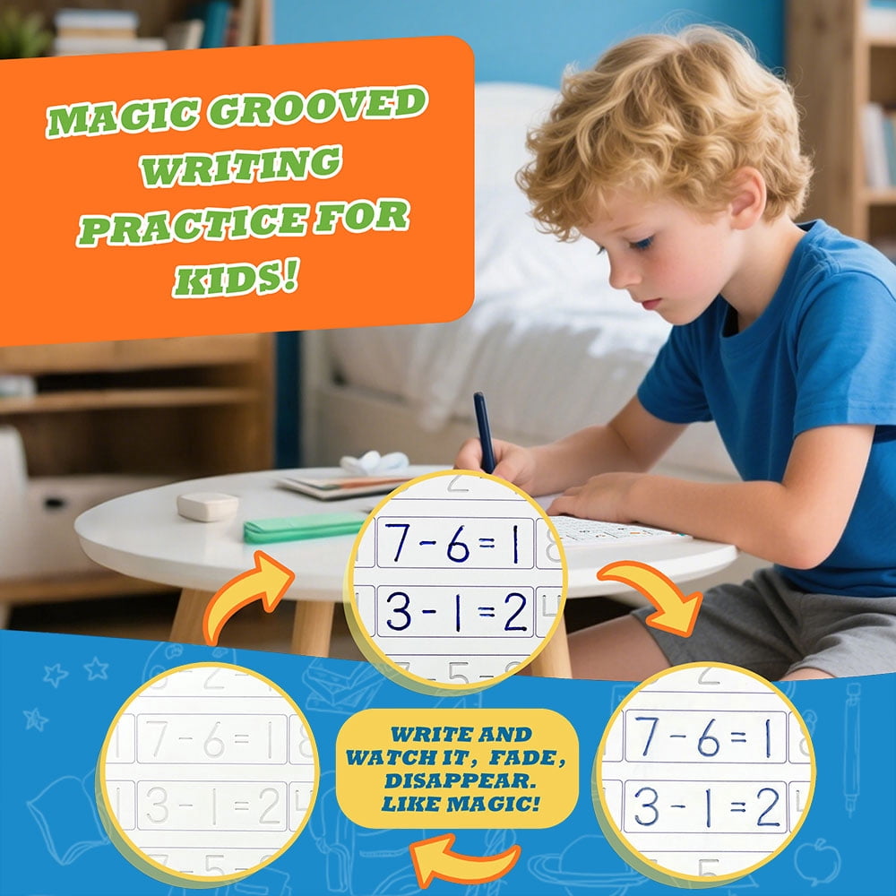 Magic Grooved Writing Practice for Kids Ages 3–8, Reusable Handwriting Workbooks with Deep Tracing Grooves – Letters, Numbers, Math & Drawing – Disappearing Ink Pens & Grips – Great Gifts for Kids