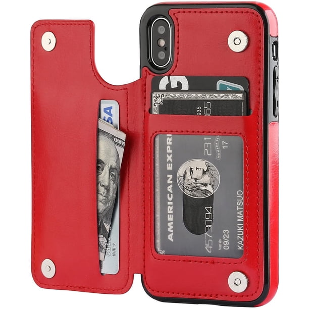 Funda tipo cartera para iPhone Xs iPhone X con tarjetero, funda de piel sintética de primera calidad con ranuras para tarjetas, cierre magnético doble y cubierta duradera a prueba de golpes (azul)