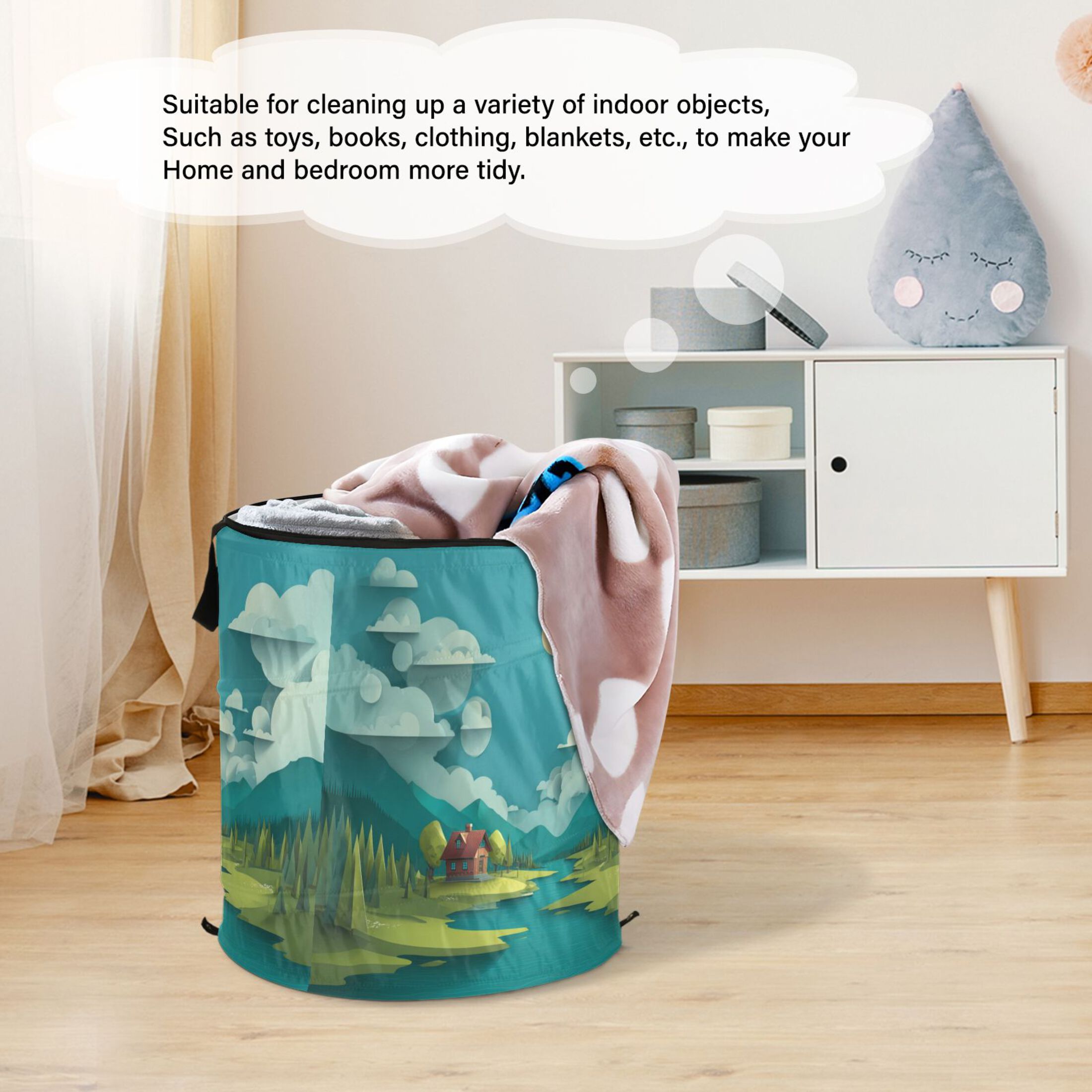 50L Extra Large Popup Hamper Collapsible Laundry Basket With Zippered Lid 15.7x18.5in A Landscape