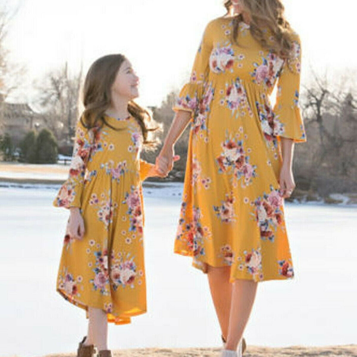 Mother Daughter Matching Maxi Long Dress Mommy Me Floral Sundress Family Clothes 