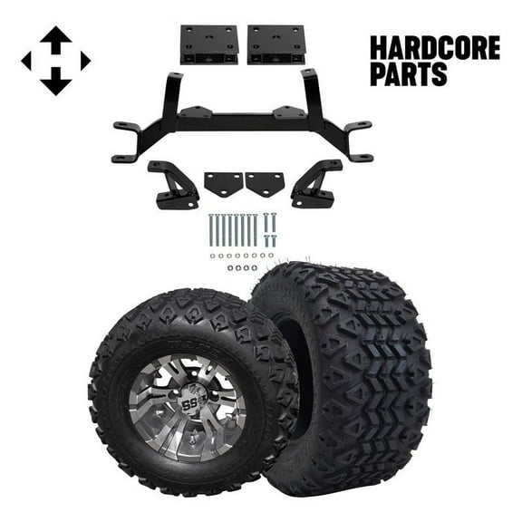 Hardcore Parts 4" Drop Axle Lift Kit for EZGO TXT/PDS (1994.5-2001.5) Gas Golf Cart with 10" Machined/Gunmetal 'Vampire' Wheels and 20"x10"-10" DOT rated All-Terrain tires