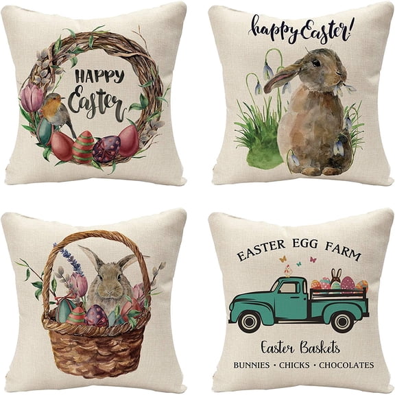 Set of 4 Decorative Easter Bunny Throw Pillow Covers - Truck Eggs Linen 18 x 18 Inches Pillow Cushion Case for Sofa Couch Bed Home Outdoor Car (18" x 18", Easter/Rabbit)