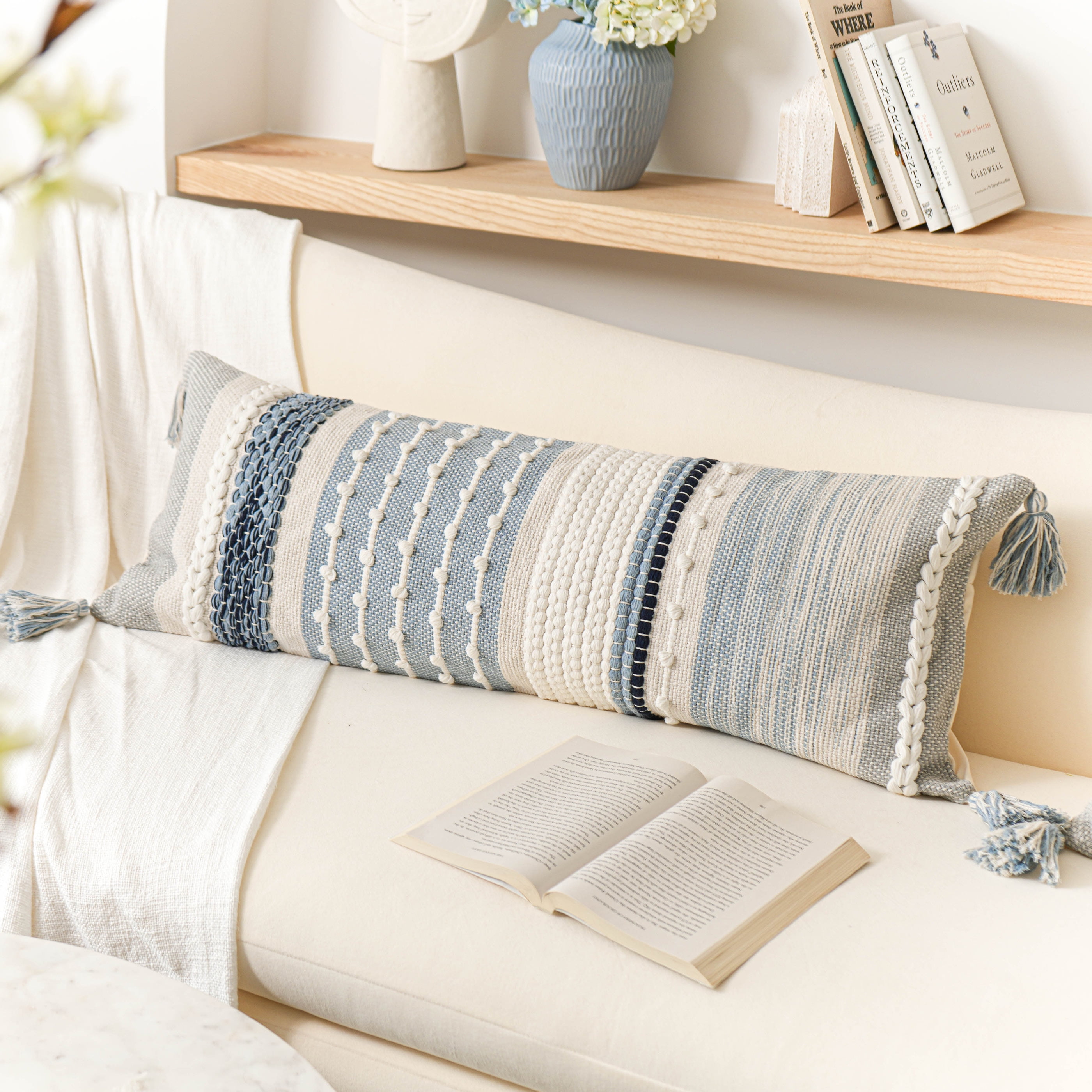 BlissBlush Coastal Blue Decorative Lumbar Pillow Cover 14x36 Boho Long Body Pillow for Bed Farmhouse Lumbar Throw Pillow for Couch Modern Accent Textured Throw Pillowcase