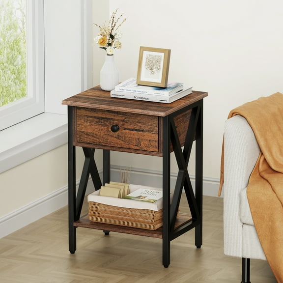 End Table With Drawer, Modern Rustic Brown & Black Metal Side Table