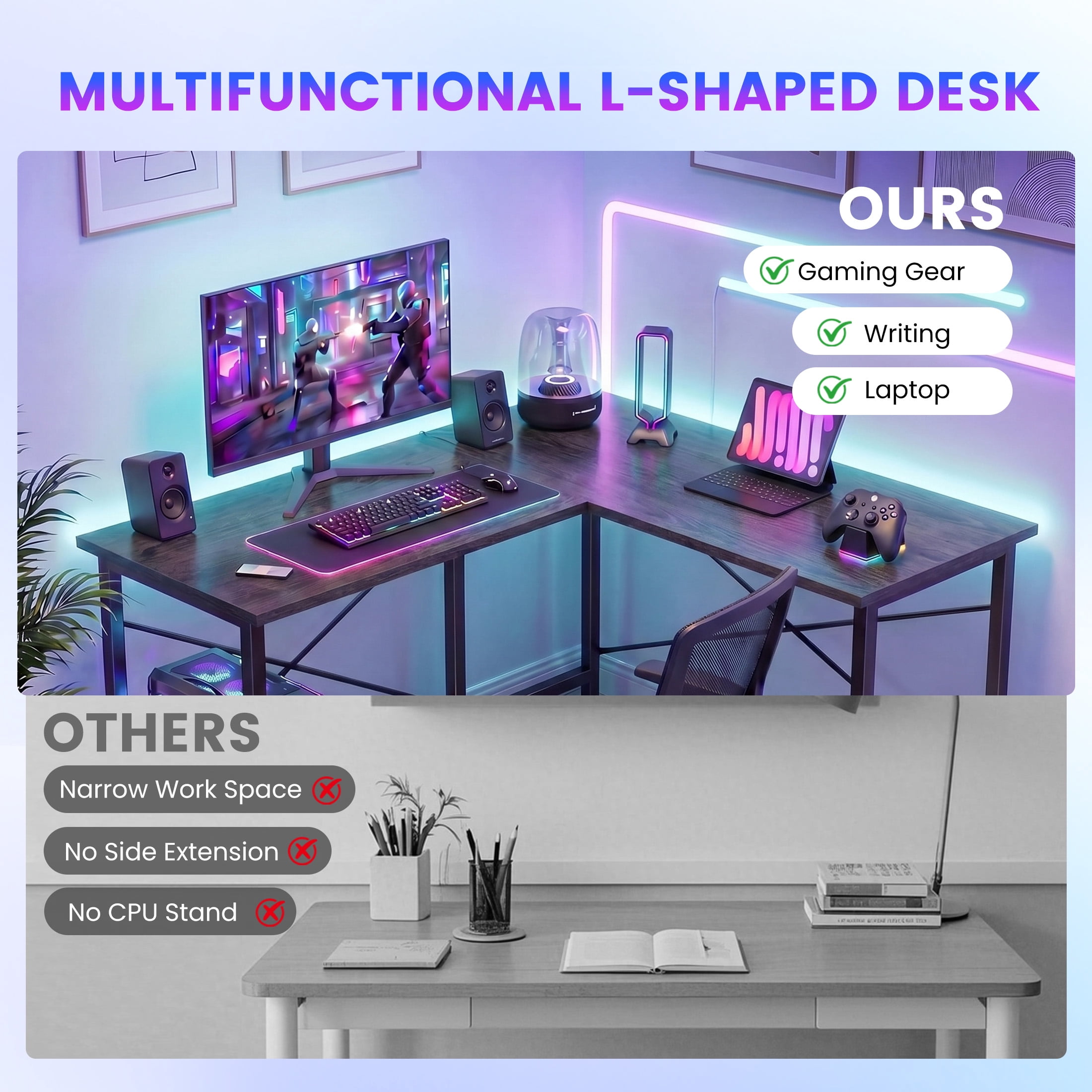 edx 50 Inch L Shaped Desk - Computer Desk Corner Desks Gaming Desk PC Table with CPU Stand for Home Office Dorm Sturdy Writing Workstation, Gray