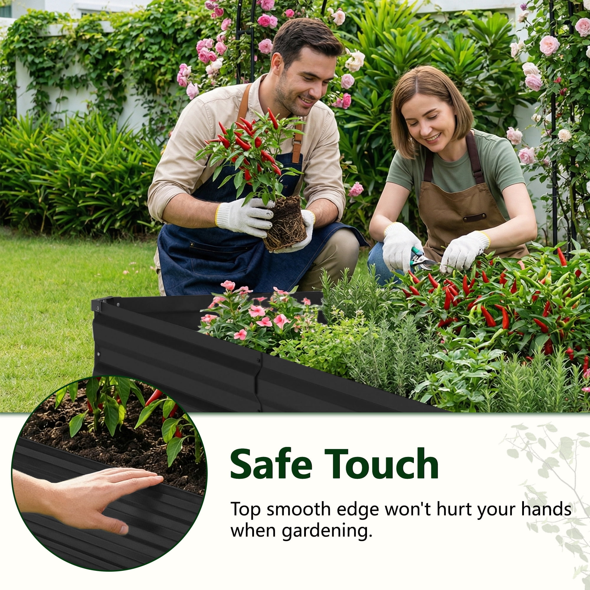 FOOWIN 3 in 1 Galvanized Raised Garden Bed with Trellis, Outdoor Metal Planter Box for Vegetables & Flowers, 269 Gallon Capacity, Black
