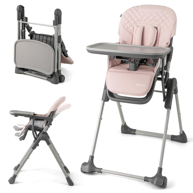INFANS Baby High Chair, Convertible Quick Folding Portable Highchair for Babies and Toddlers with Adjustable Height Backrest Footrest 2 Wheels Removable Tray