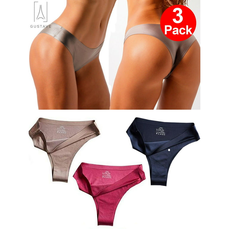 Gustavedesign Women Lingerie 3-Pack Seamless Thongs Underwear Ice Silk  Comfy G-string Panties Low Waist Sexy Bikini Briefs Size L