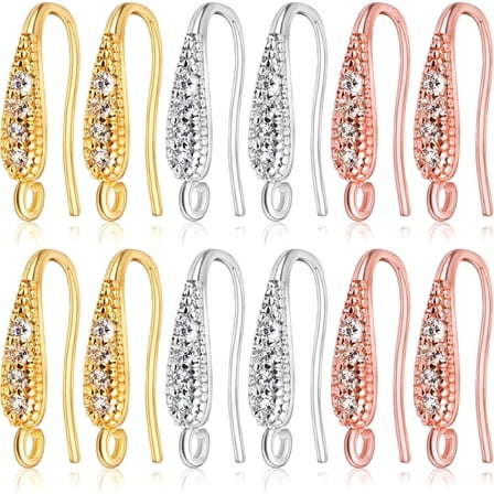 12pcs 3 Colors,Cubic Zirconia Earring Hooks Hypoallergenic Brass French Ear Wire Fish Hooks Rhinestone Earrings with Loop for DIY Dangle Earrings Jewelry Making