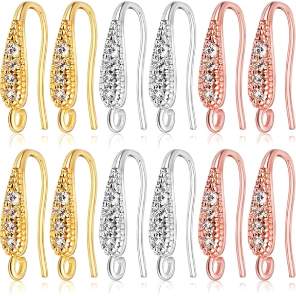 12pcs 3 Colors,Cubic Zirconia Earring Hooks Hypoallergenic Brass French Ear Wire Fish Hooks Rhinestone Earrings with Loop for DIY Dangle Earrings Jewelry Making