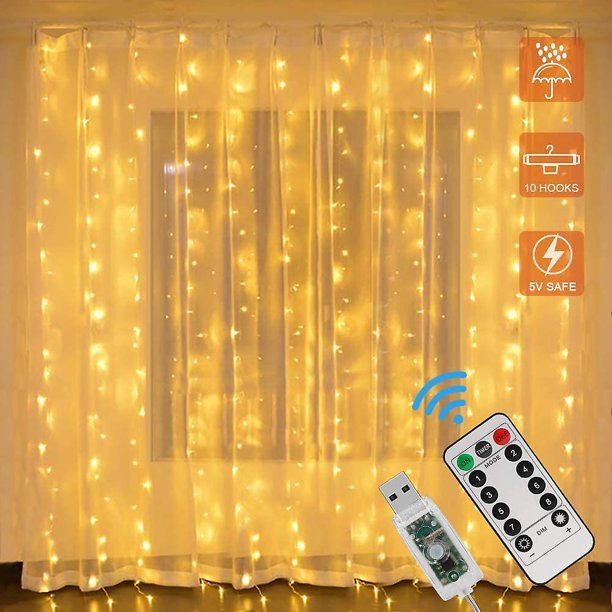 Cortina de luz LED, cortina de cadena de luz USB, 8 modos con control remoto, cadena de luz para dormitorio, decoración interior al aire libre, fiesta de boda Navidad B ACTIVE Biensenido a ACTIVE