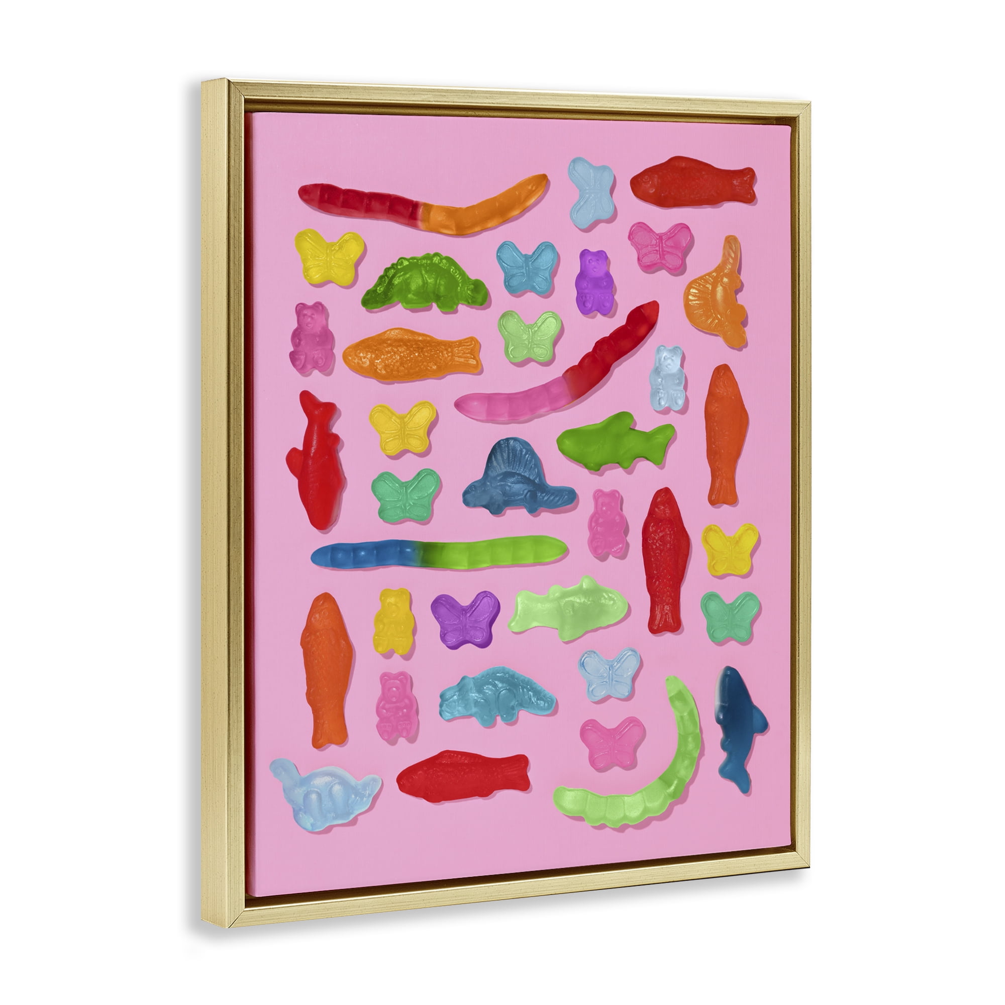 Stupell Industries Pink Gummy Animal Collage Gold Framed Floater Canvas Wall Art, design by LISH Creative