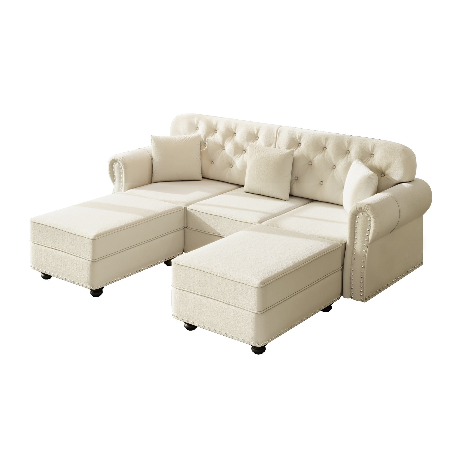 Alvantor 83" Cloud sofa with Ottman, Upholstered Velvet Couch with Nailhead Trim and Rolled Armrests, Mid-Century Modern Sofa for Living Room Beige