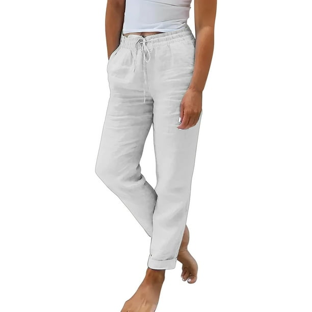 Pantalones elásticos de cintura alta y pierna ancha para mujer - Algodón y lino, color liso retro, para todas las estaciones, corte recto holgado, lavado a máquina/a mano, tallas S-XXL