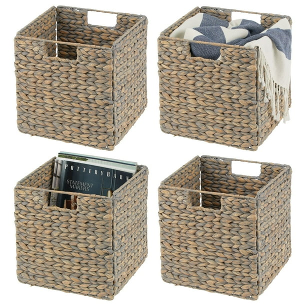 mDesign Natural Woven Hyacinth Cube Bin Basket Organizer with Handles