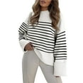 thumbnail image 3 of Suéter Informal de Punto Afelpado de Larga Extragrande para Mujer, Ropa de Otoño Rayas Blancas y Negras L, 3 of 9