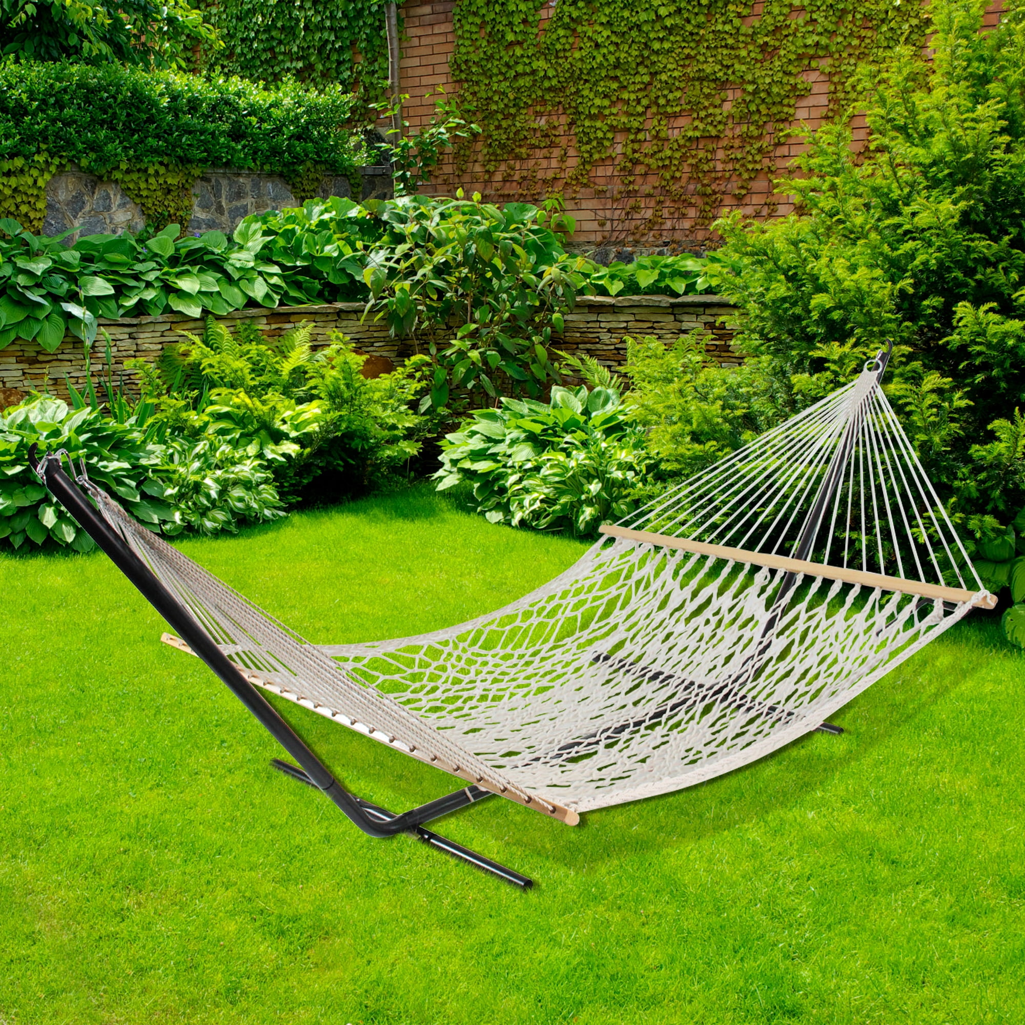 Northlight Lattice Macrame Netted Hammock with Wooden Bars - 78" x 59" - White