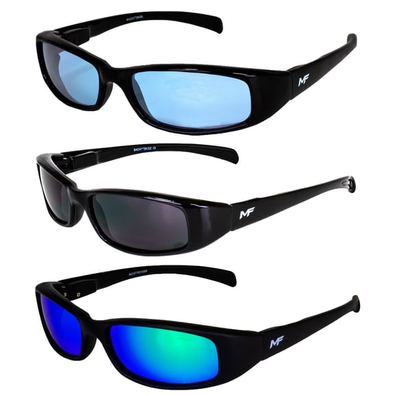 3 Pairs of MF Eyewear Bad Attitude Motorcycle Glasses Shatterproof Polycarbonate Black Frame UV400 Filter, Scratch-Resistant Motorcycle Riding Glasses Blue, Dark & Green Mirror Lenses