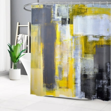 HVEST Abstract Art Painting Shower Curtain, Yellow Grey Modern Art Bathroom Shower Curtain Polyester Fabric Decor Curtain with Hooks, 72X78 inch