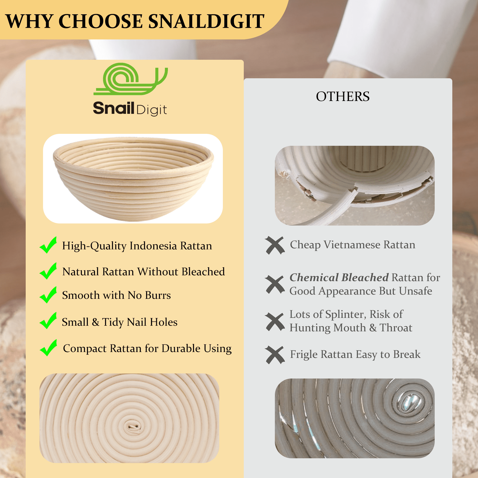 SNAILDIGIT Banneton Bread Proofing Basket, 9 inch Round Sourdough Bowls, Artisan Bread Making
