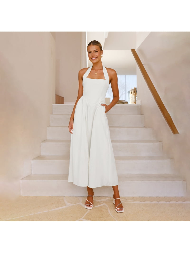 white square neck halter dress Shellie Square Neckline Halter Maxi Dress White