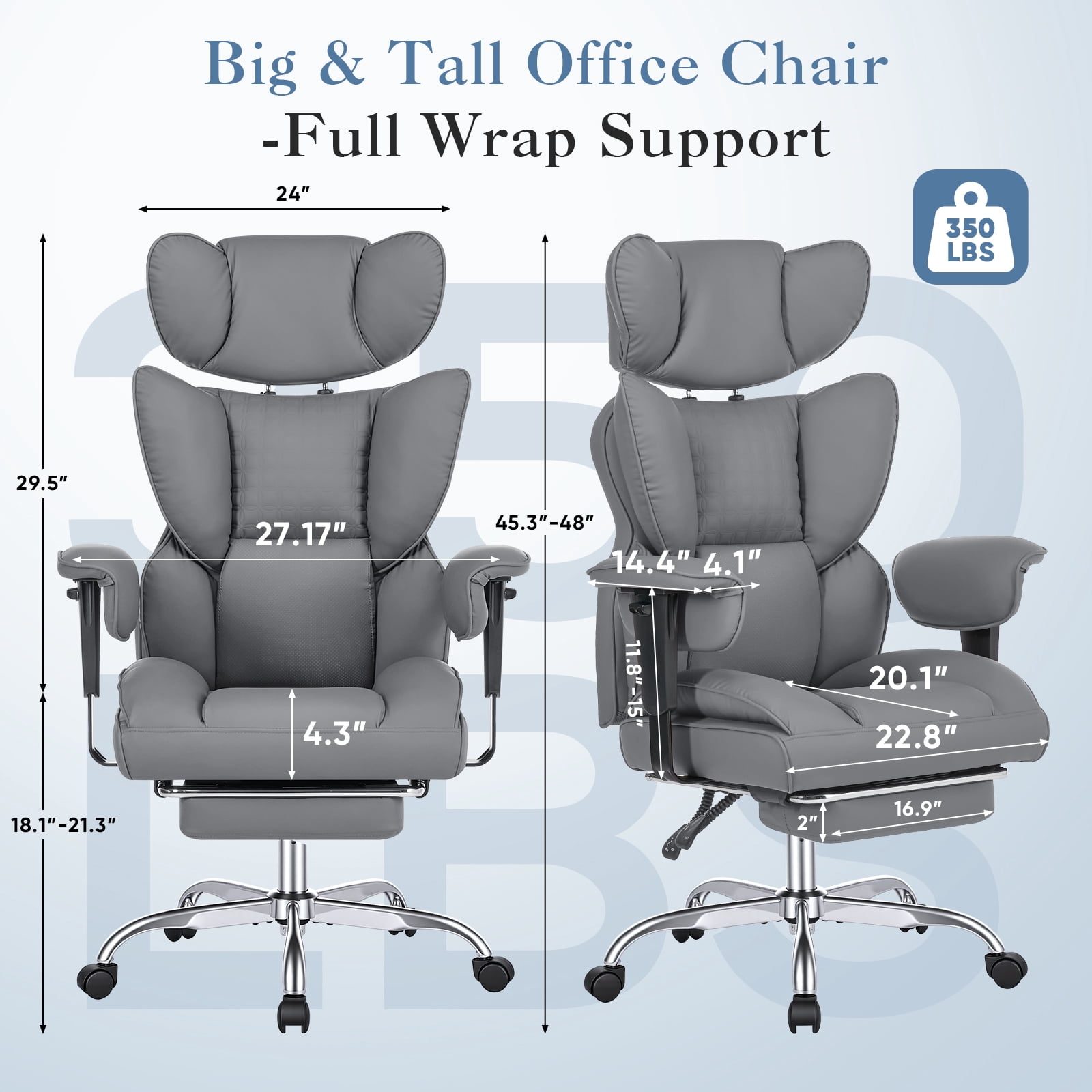 CONCETTA Ergonomic Office Chair 400LBS for Big & Tall, Heavy Duty Desk Chair with Reclining Back, Footrest, Luxurious PU Leather, Gray