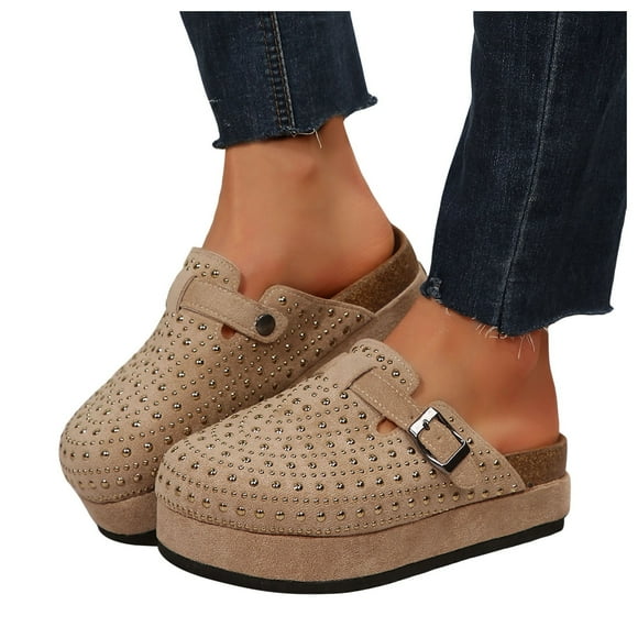 Mepaouo Women's Suede Clogs Rhinestone Cork Footbed Sandals Closed Toe Arch Support Platform Mules