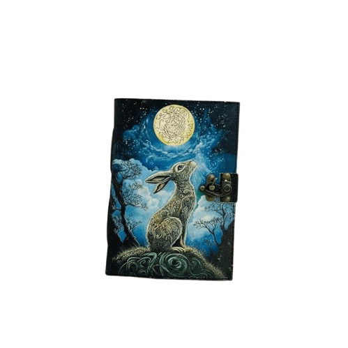 Moon Gazing Handmade Leather Journal with Moonlit Rabbit Artwork – 5x7 Inch Vintage Deckle Paper Notebook, 200 Pages