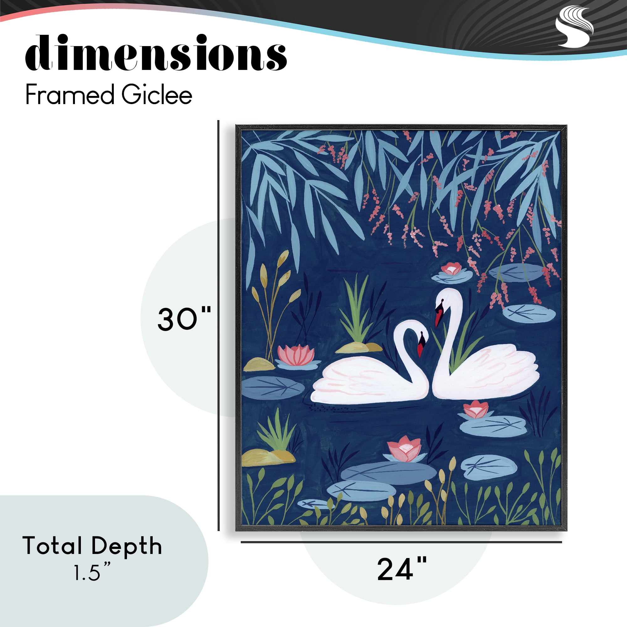 Swan Pair on Blue Pond Black Framed Giclee Art, design by Nabeela Rumi
