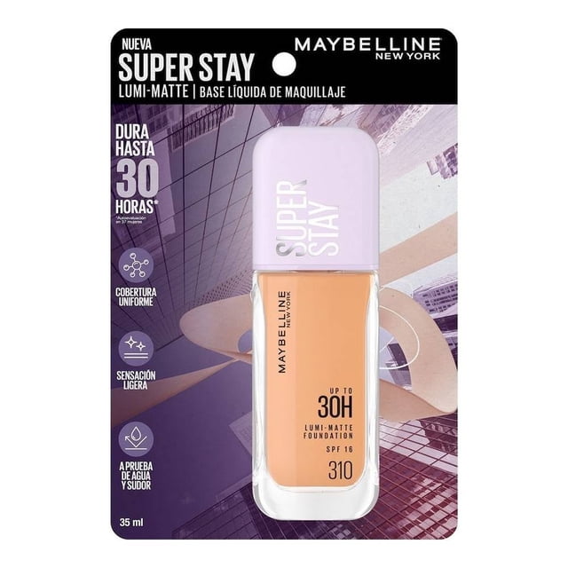 Base de maquillaje líquido Maybelline Superstay tono 310 de 40 ml con fórmula Lumi Matte ligera y de larga duración hasta 30 horas, cobertura uniforme, sensación ligera, acabado luminoso y resistente al agua y sudor, en envase rectangular con tapa blanca.