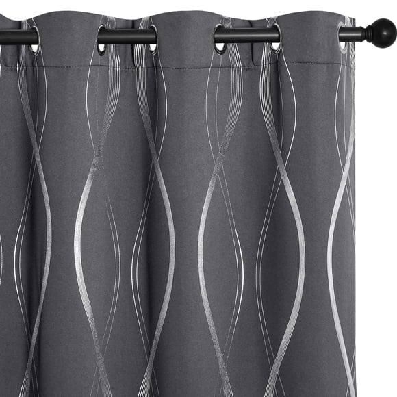 NICETOWN Grey Blackout Curtains 2 Panels - Microfiber Noise Reducing Thermal Insulated Wave Line Foil Print Design Bedroom Curtai