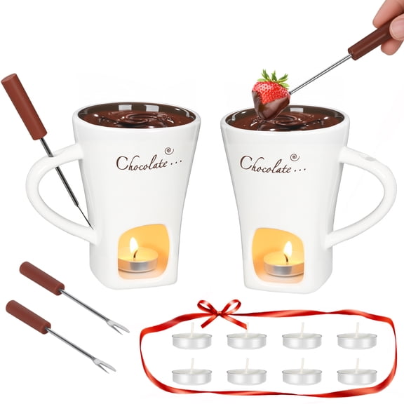 Chocolate Fondue Set for Two, 2 White Ceramic Mini Fondue Mugs, 4 Forks, 8 Tealight Candles