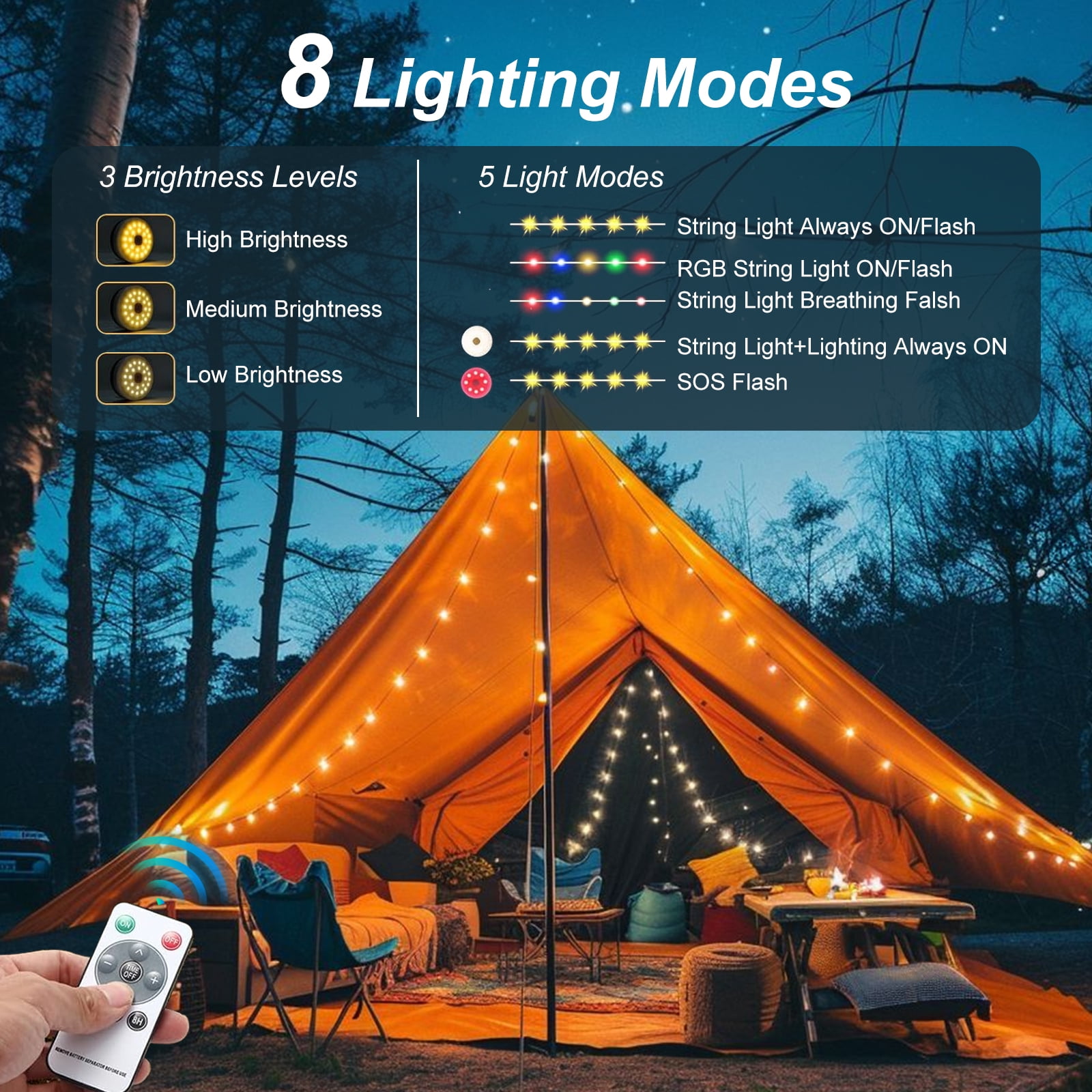 XL Solar Camping String Light, 32.8FT Rechargeable Waterproof LED Hanging Light for Outdoor