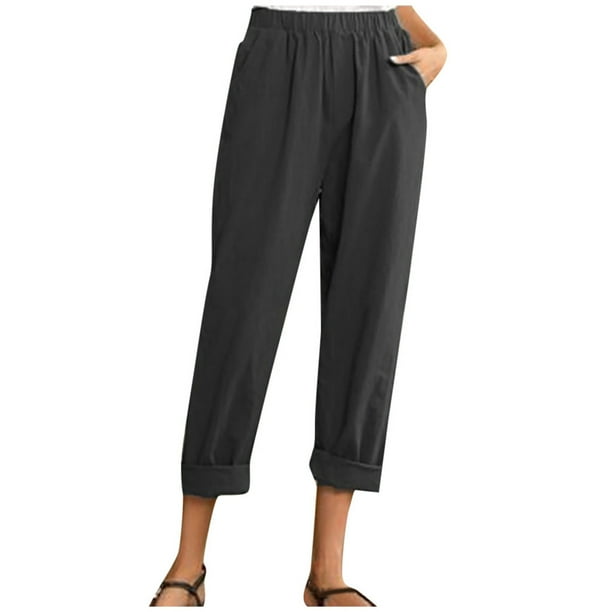 Pantalones de nieve Gibobby para mujer de lino elásticos con cintura y bolsillos en los tobillos Negro XL
