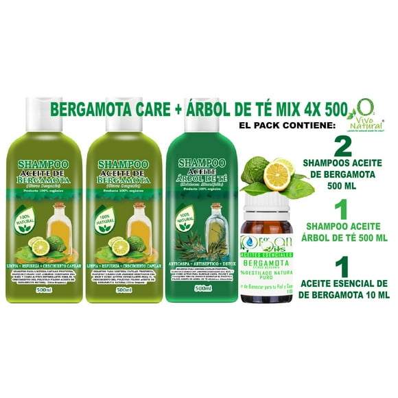 Bergamota Care + Árbol de Té Mix 4X 500 VIVONATURAL. 2 Shampoos Aceite de Bergamota 500 ml + Shampoo Aceite Árbol de Té 500 ml + Aceite Esencial de Bergamota 10 ml