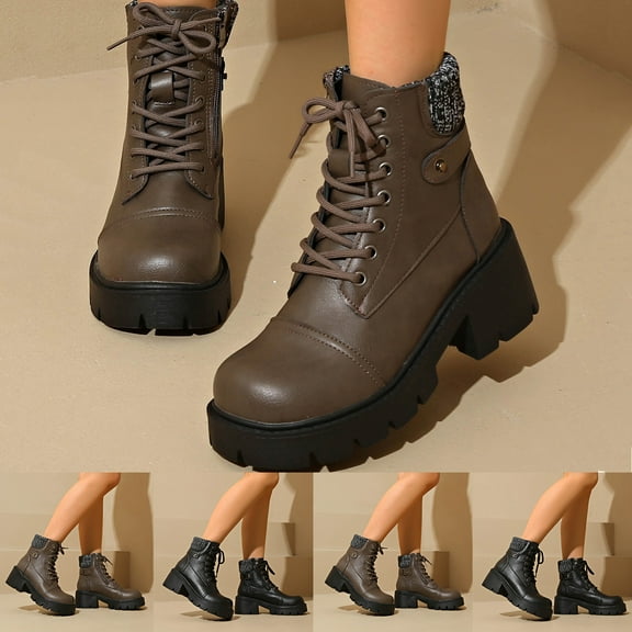 Women's Boots Thick Heel Square Toe Lace-Up Ankle Boots Women's Trendy Casual Winter Warm Short Boots Solid Color Winter Shoe Black 7