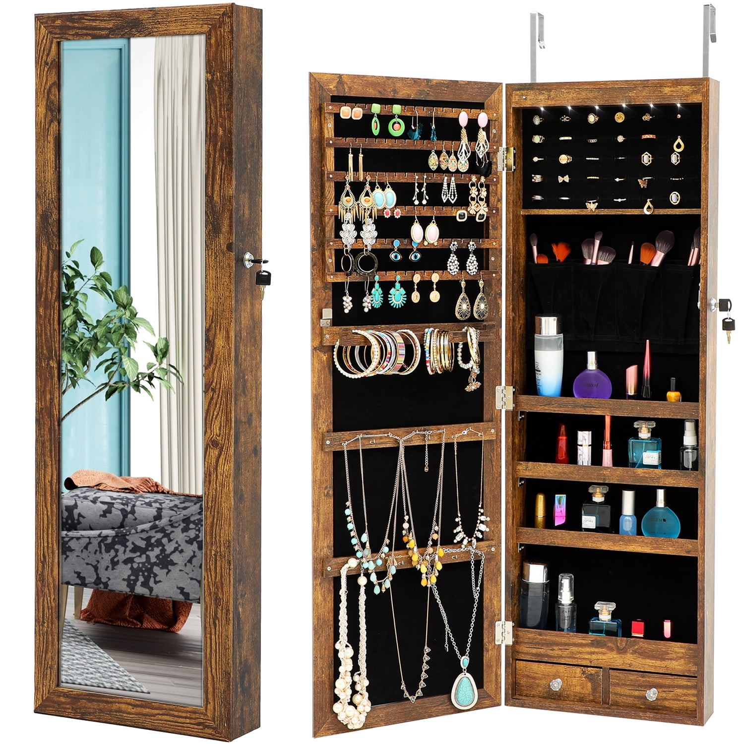 6 LEDs Jewelry Armoire Organizer, Wall/Door Mounted Jewelry Cabinet ...