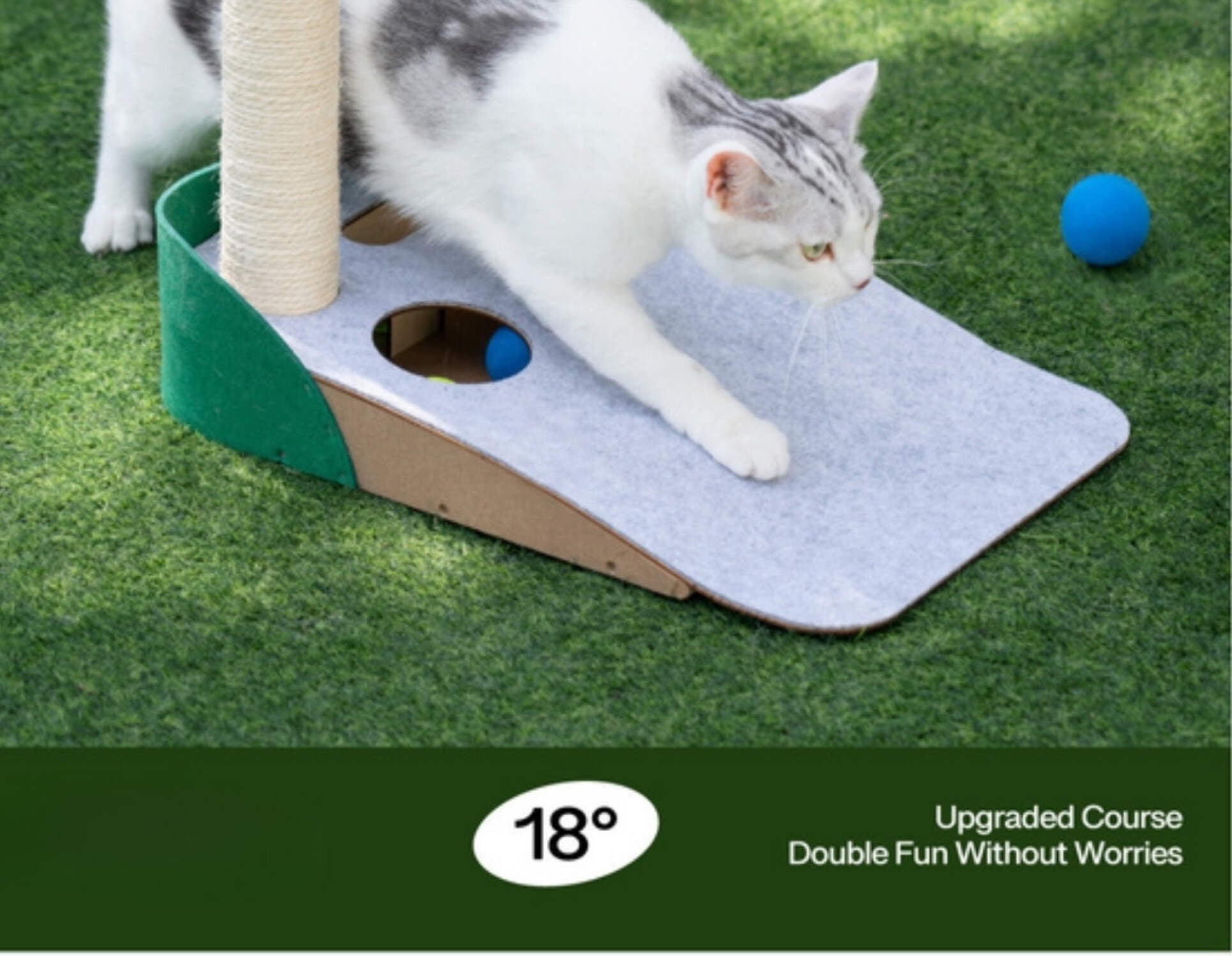Elassy Golf Themed Putting Green Cat Tree with Scratching Post, 18 Degree Slope, 3 Colorful Balls  Hole in ONE Game, Fun Golf Gifts