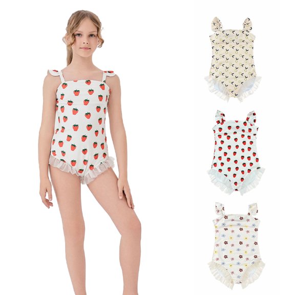 LYMAYTER Teen Swimwear One-Piece Swimsuit Girls' Cute Strawberry Beachwear Sun Protection Ruffled Design